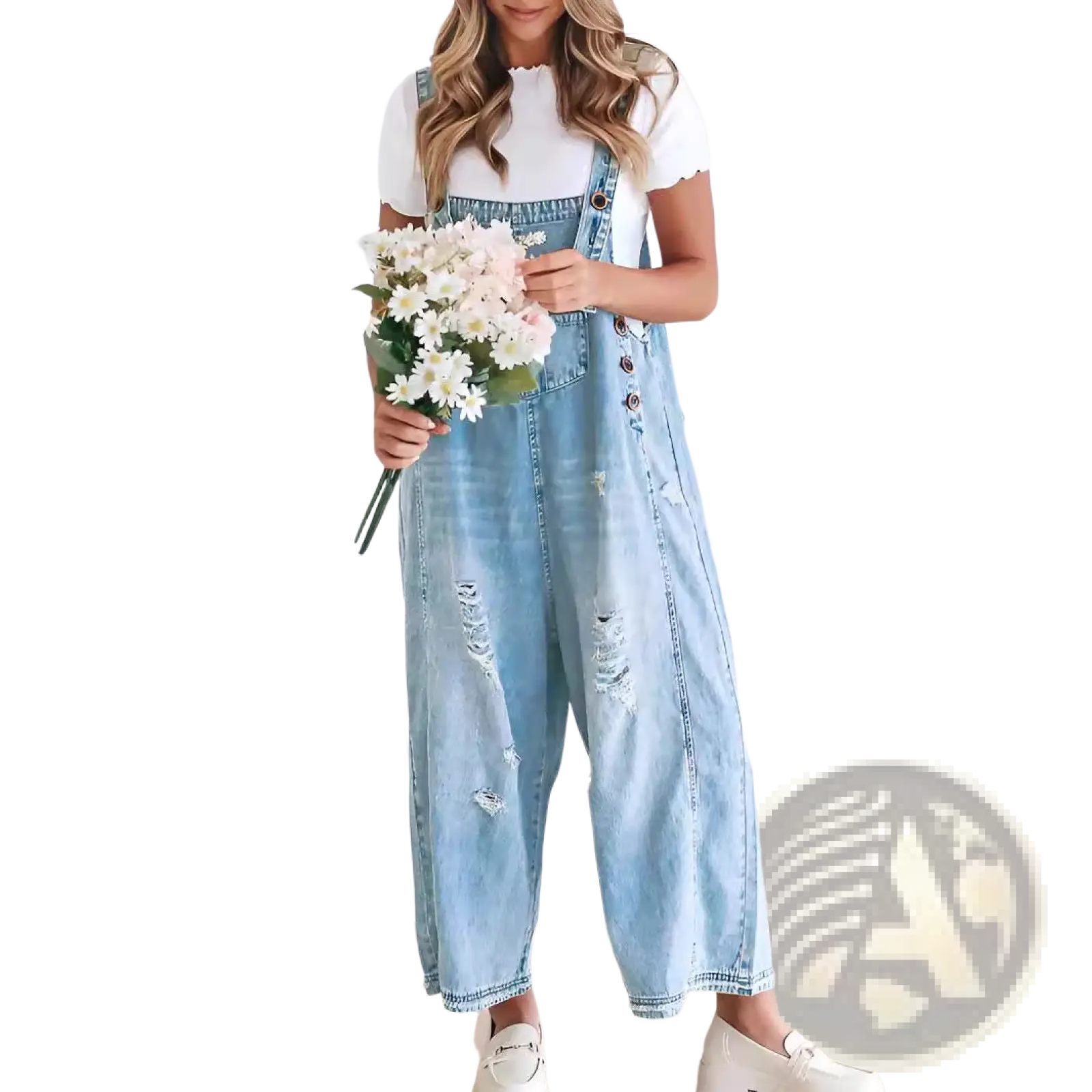 Women’s light-wash denim overalls with distressed patches and button closures featuring adjustable straps