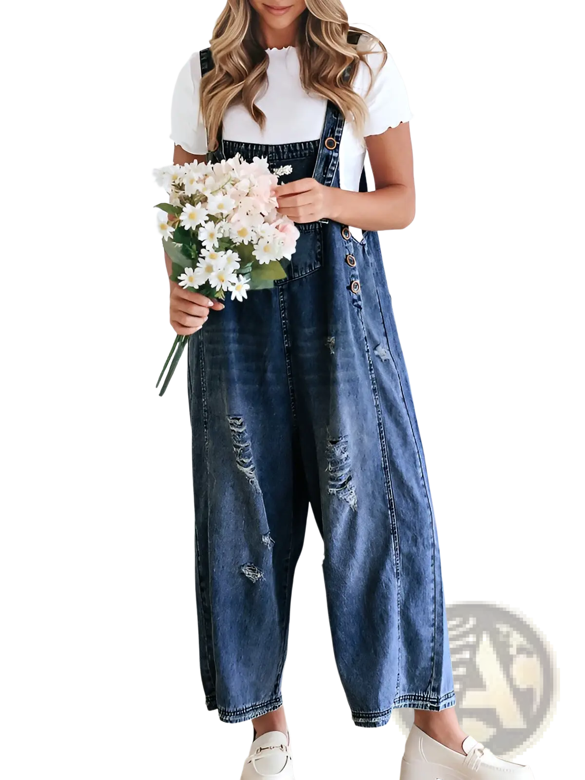 Women’s blue denim overalls with distressed details and button closures made of durable cotton material