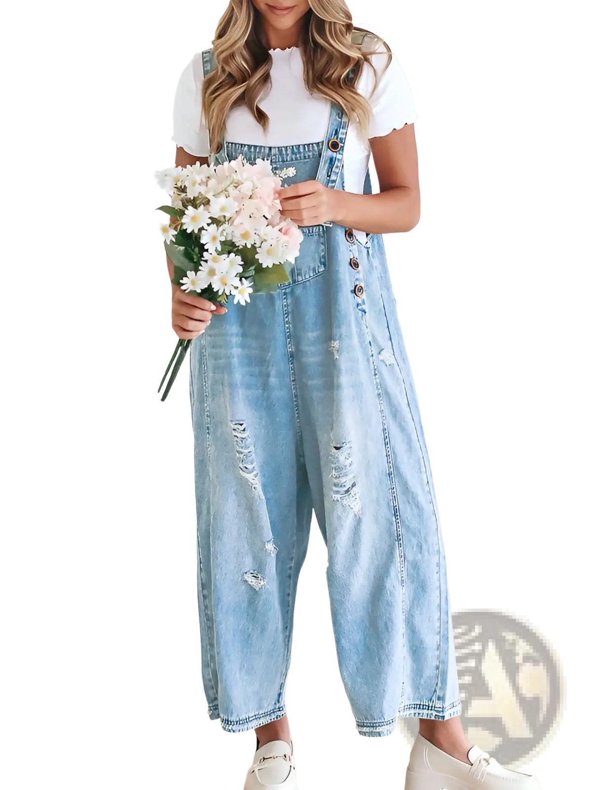 Women’s light-wash distressed denim overalls with adjustable straps and button closures in durable cotton material