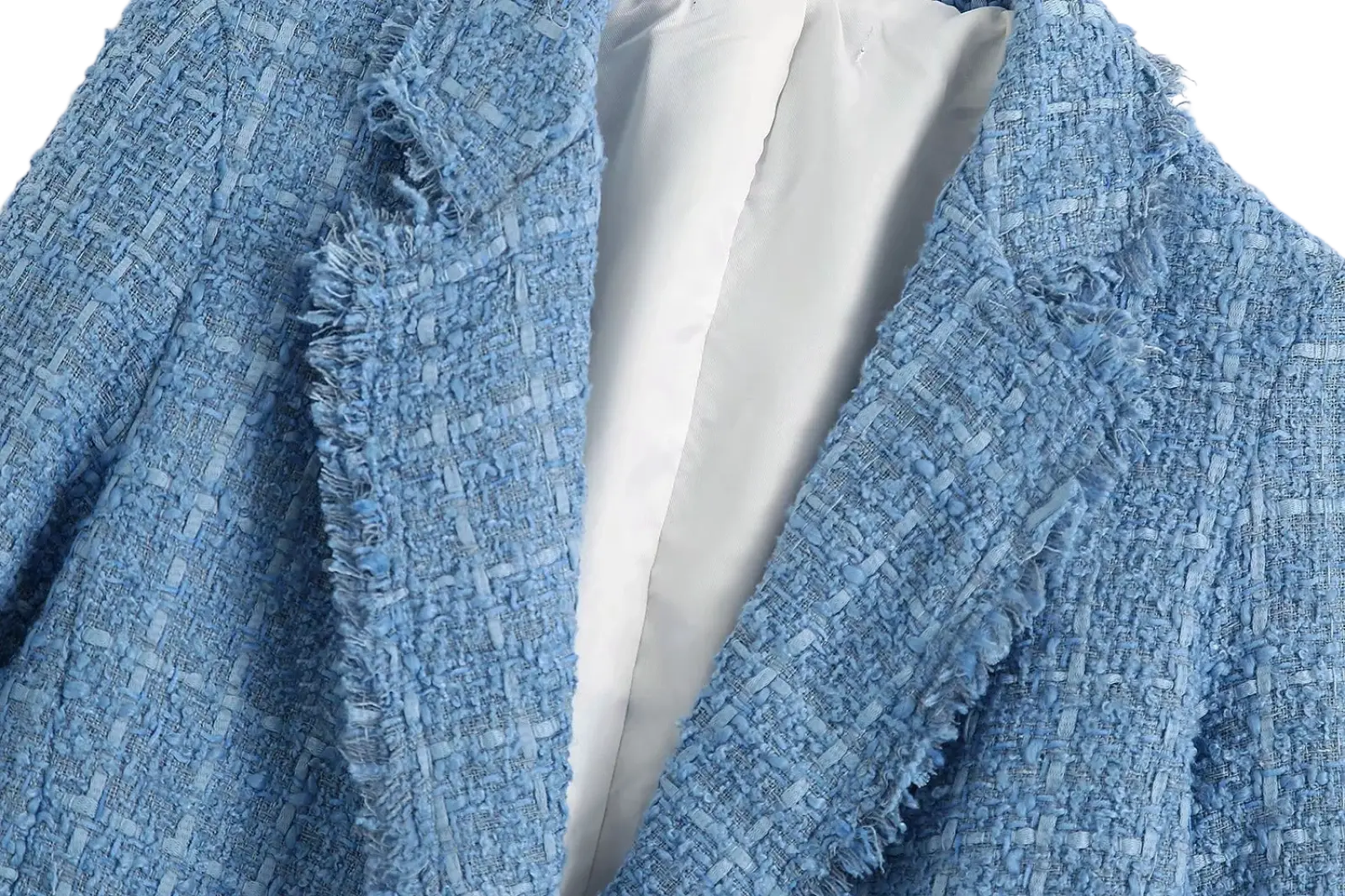 Women’s double breasted light blue textured tweed blazer with frayed hem and white inner lining