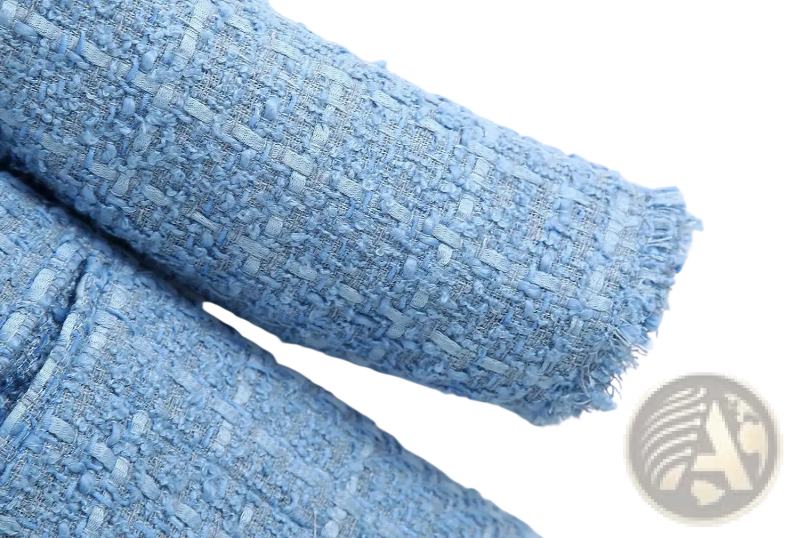 Women’s double breasted light blue textured tweed blazer fabric with woven slightly frayed edge detail