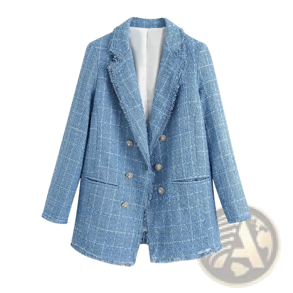 Women’s double breasted light blue blazer with textured tweed fabric and decorative buttons