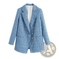 Women’s double breasted light blue blazer with textured tweed fabric and decorative buttons