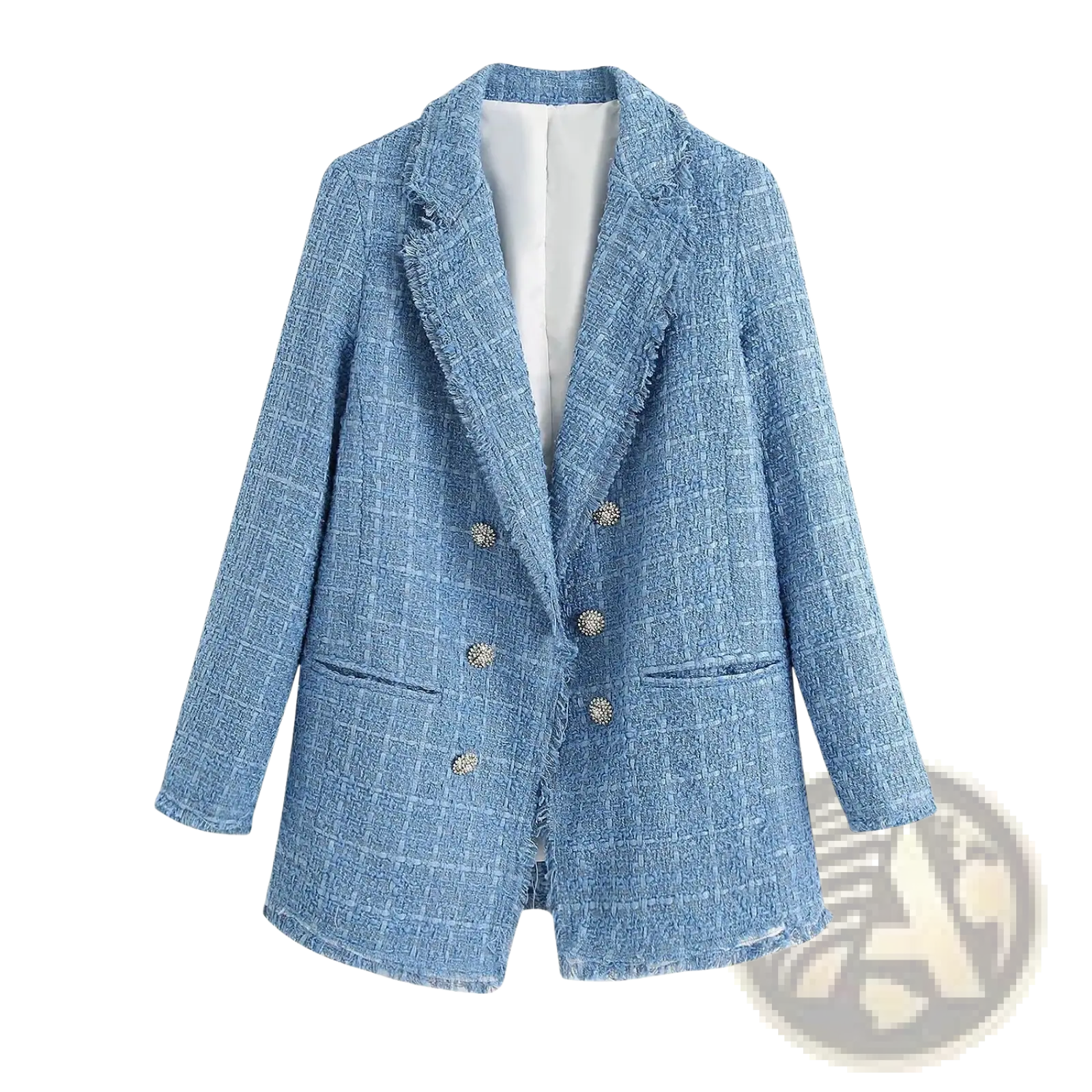 Women’s double breasted light blue blazer with textured tweed fabric and decorative buttons