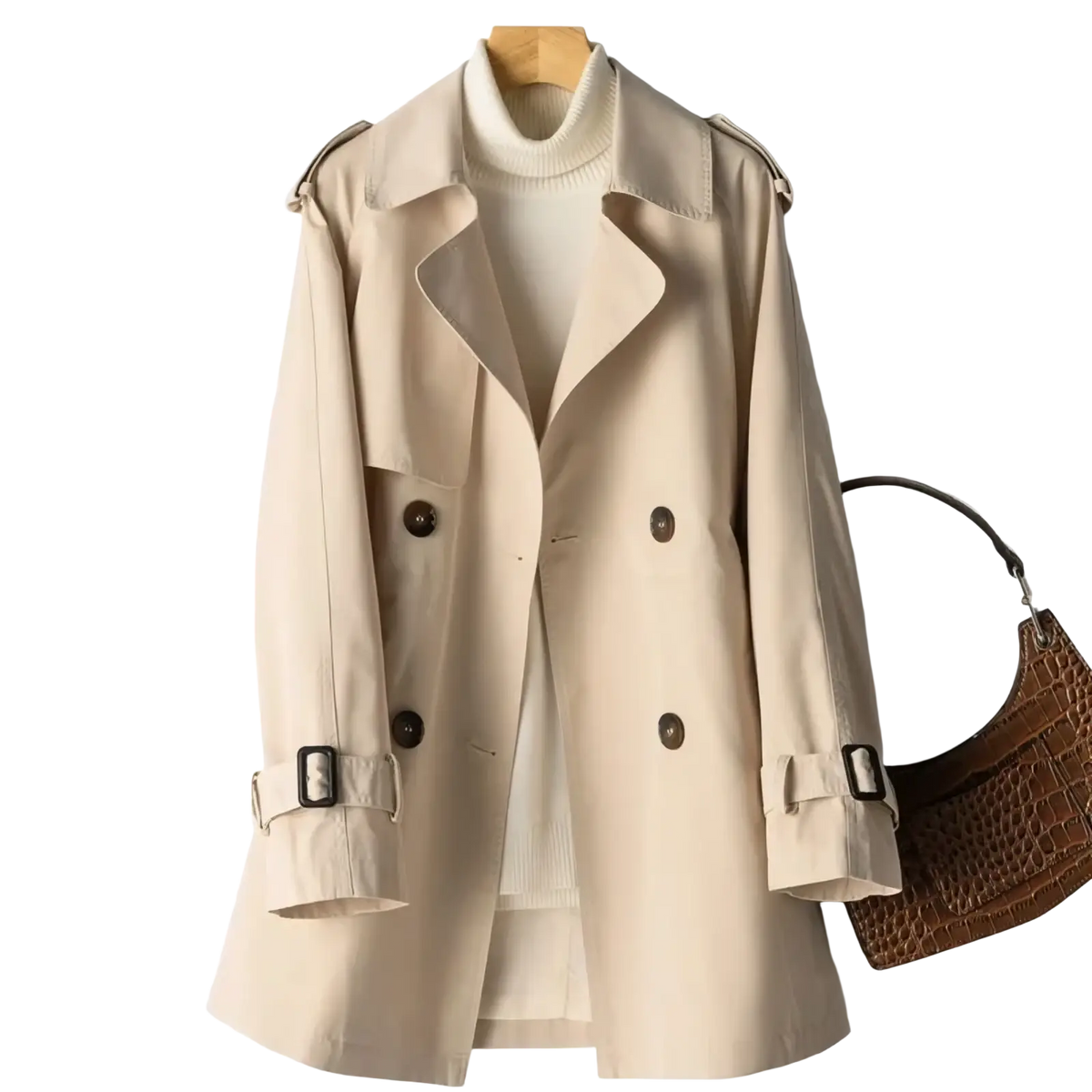 Beige women’s double breasted trench coat with dark brown buttons and belt buckles featuring classic design