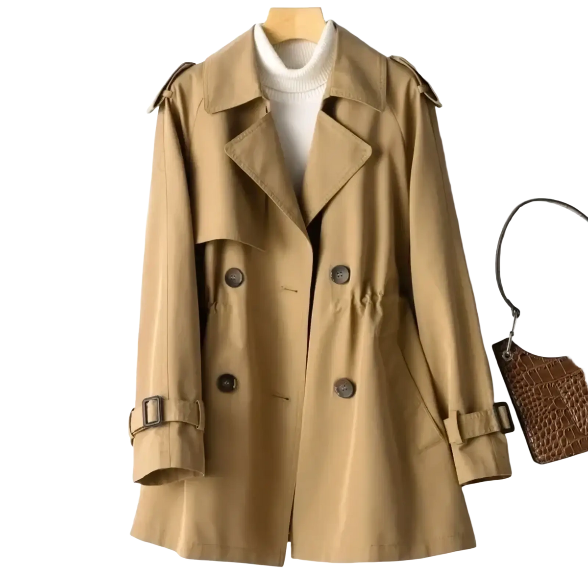 Beige women’s double breasted trench coat with adjustable cuffs made from lightweight fabric for stylish outerwear
