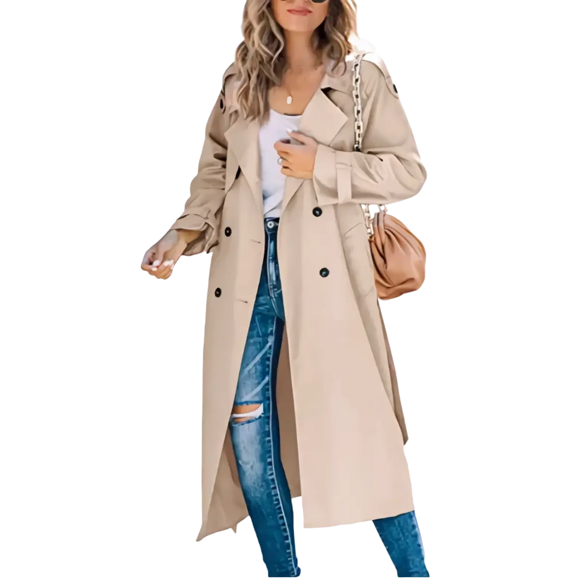 Beige women’s double breasted trench coat with classic collar and button details in a lightweight material