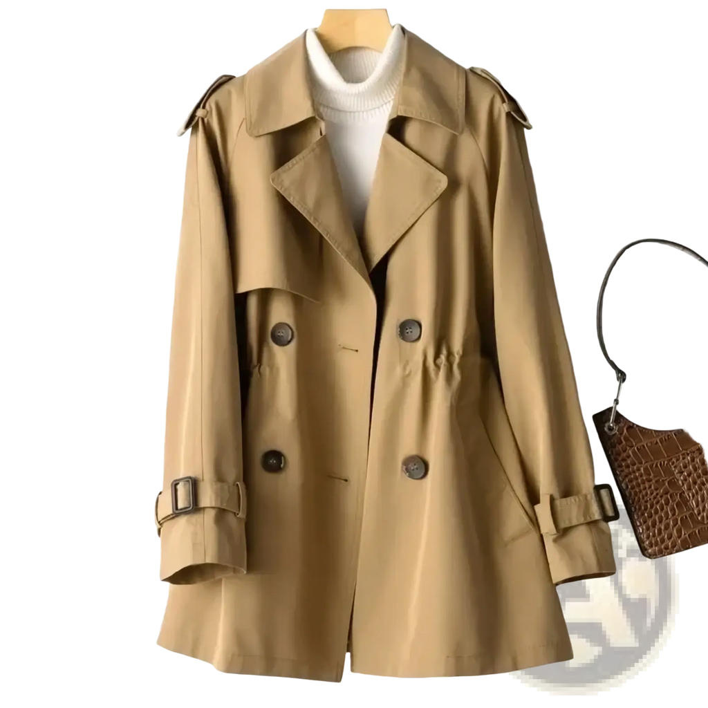 Beige women’s double breasted trench coat with adjustable cuffs and double-breasted buttons in classic design