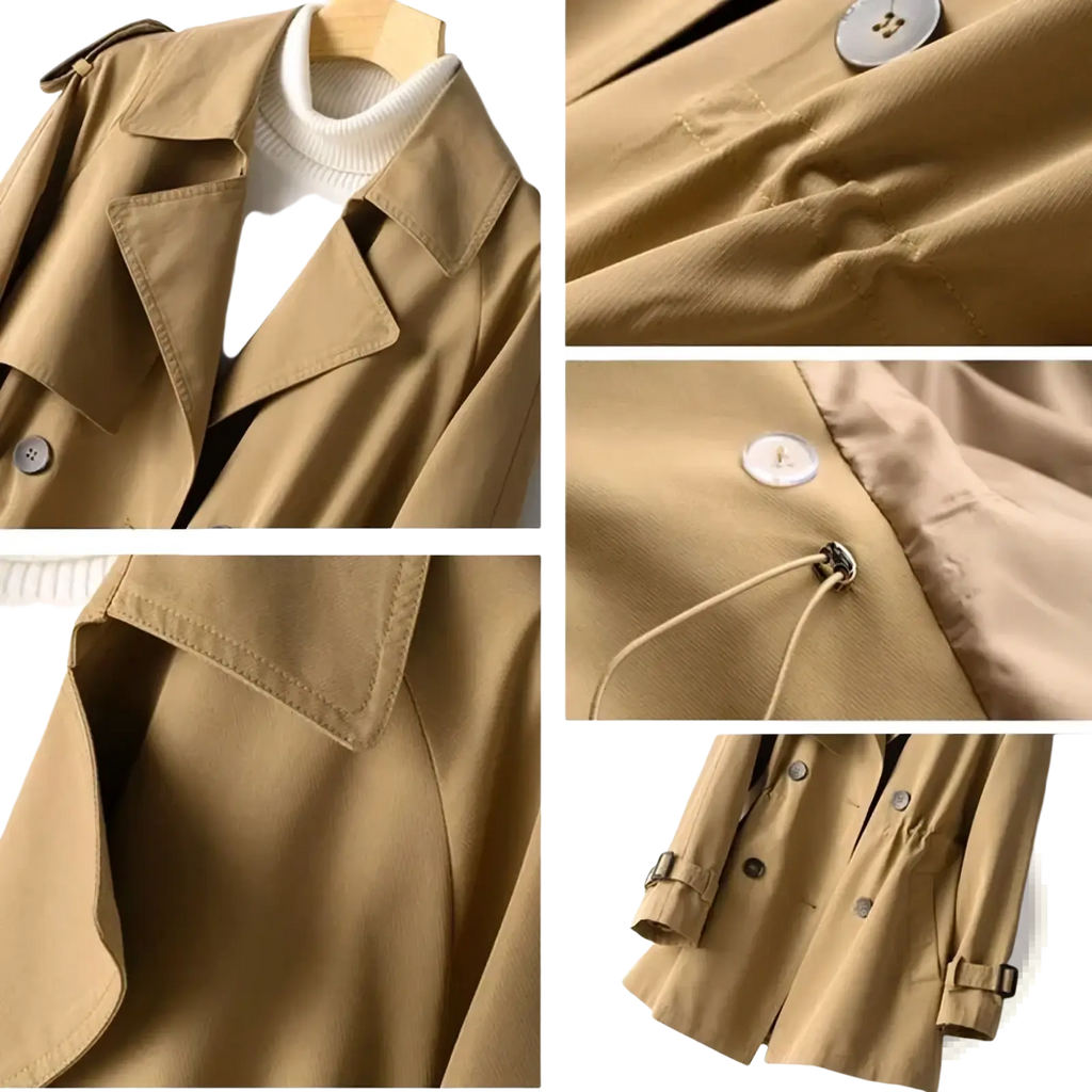 Women’s double breasted trench coat in beige with classic collar, button closures, and adjustable cuffs