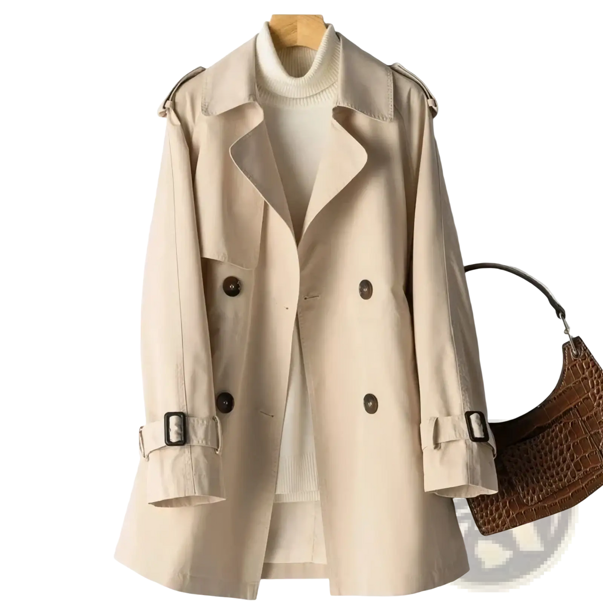 Beige women’s double breasted trench coat with dark brown buttons and adjustable cuffs in classic design