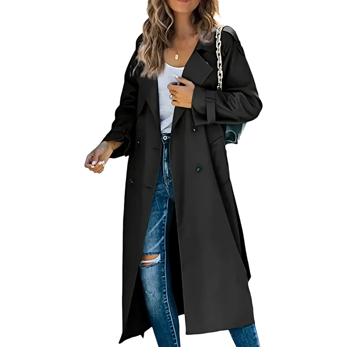 Women’s double breasted trench coat in black with a sleek tailored fit and classic lapel design