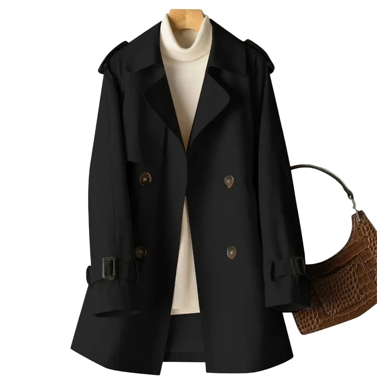 Black women’s double breasted trench coat with shoulder epaulets and belt detail in durable fabric