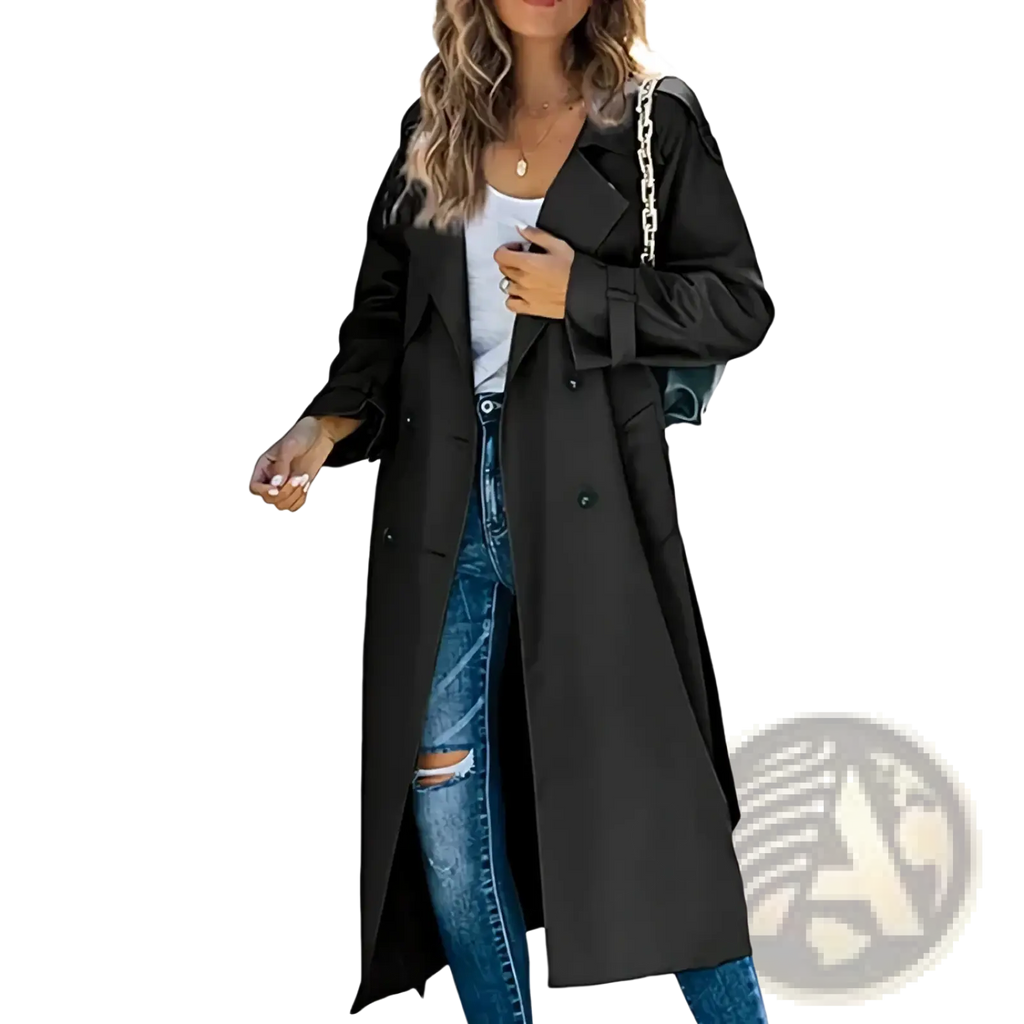 Women’s double breasted trench coat in black with a sleek tailored fit and classic lapel design