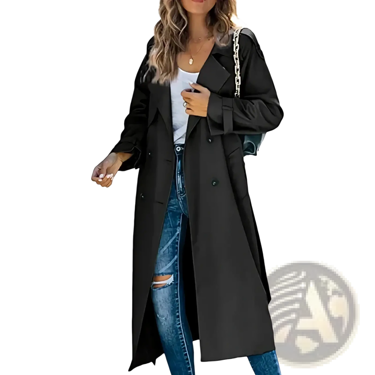 Women’s double breasted trench coat in black with a sleek tailored fit and classic lapel design