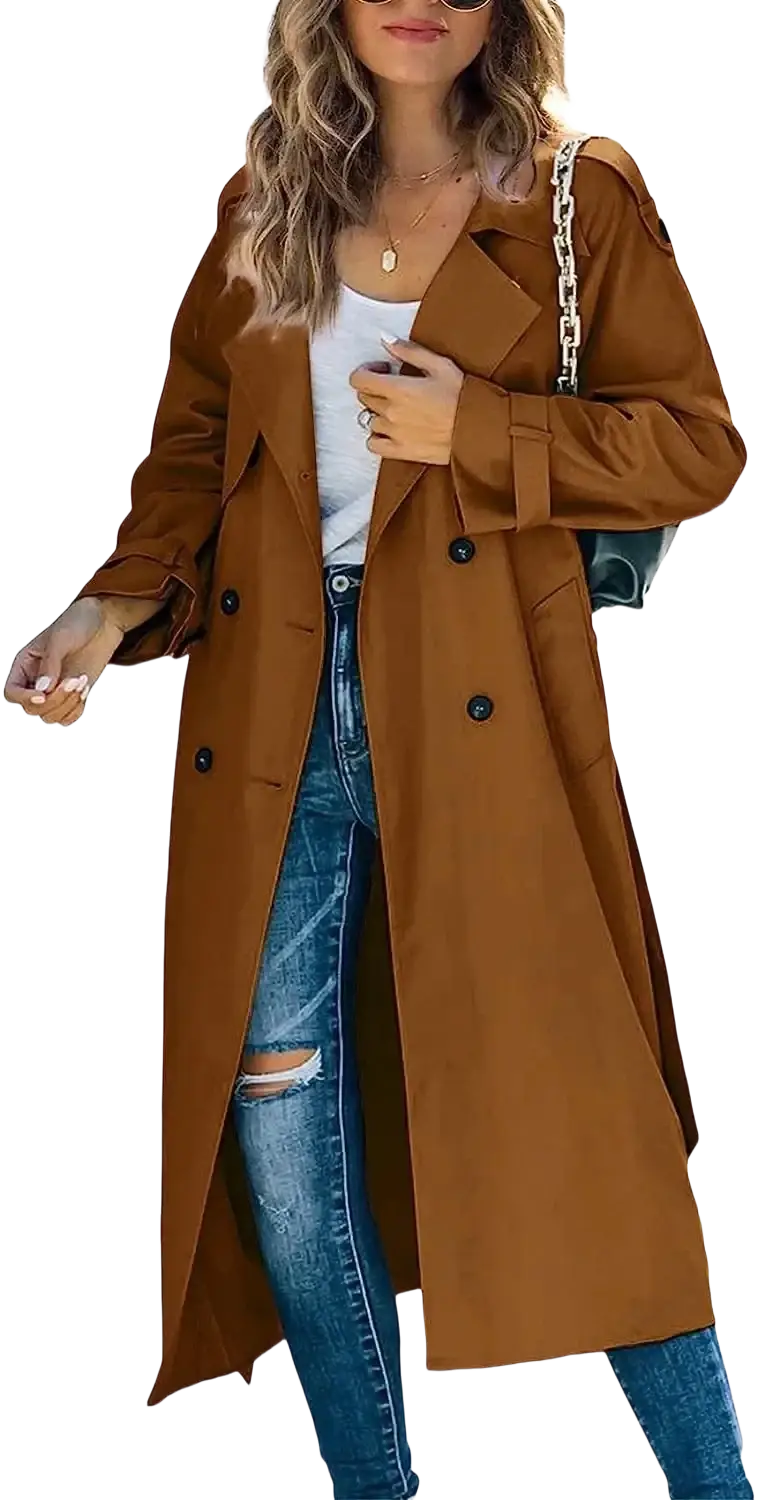 Women’s double breasted trench coat in brown with classic black buttons showcasing a timeless outerwear design