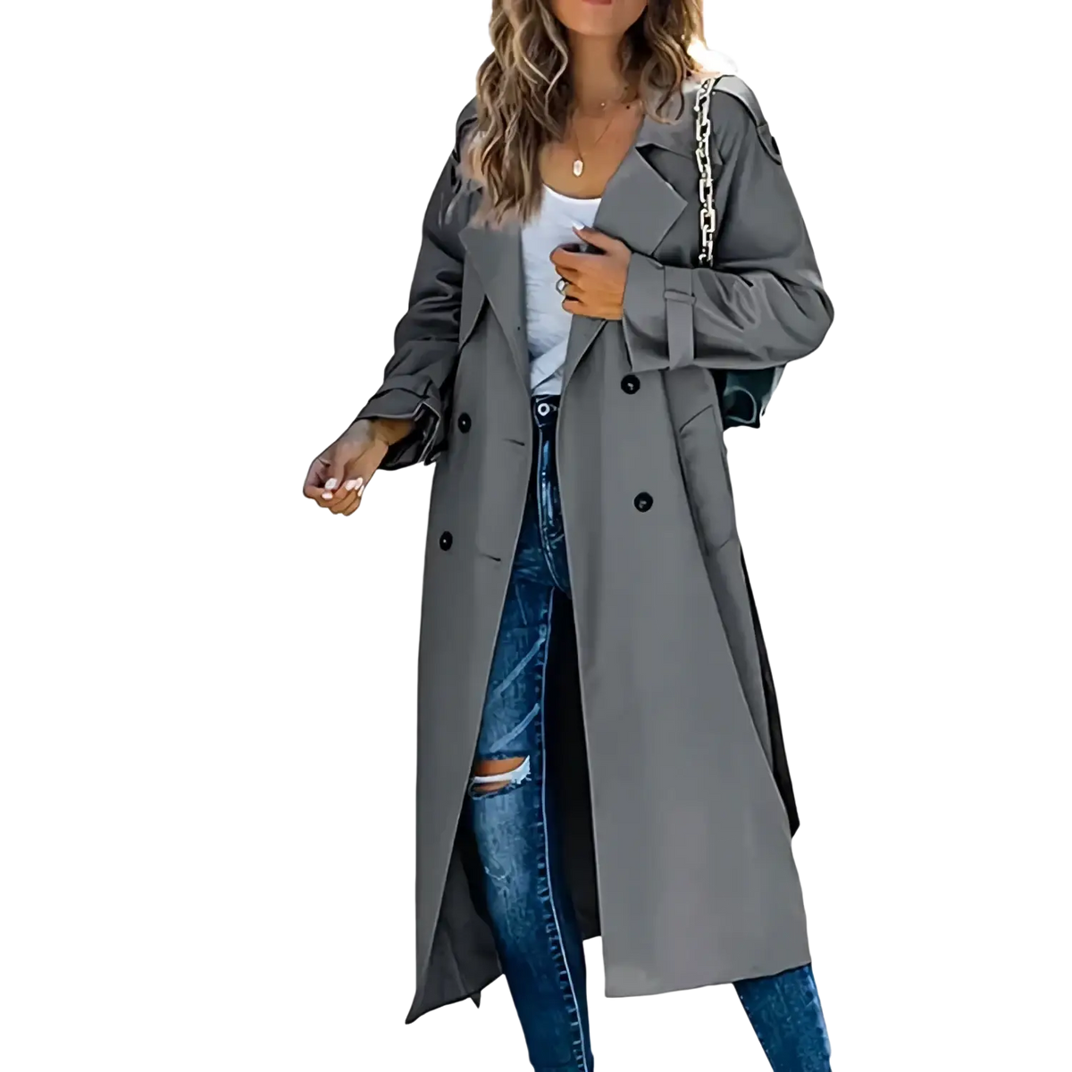 Women’s double breasted gray trench coat with black buttons and a chain strap detail for stylish outerwear