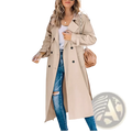 Beige women’s double breasted trench coat with classic collar and button details in a lightweight material