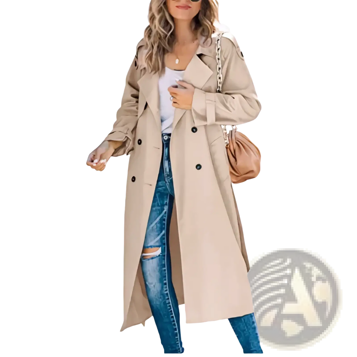 Beige women’s double breasted trench coat with classic collar and button details in a lightweight material