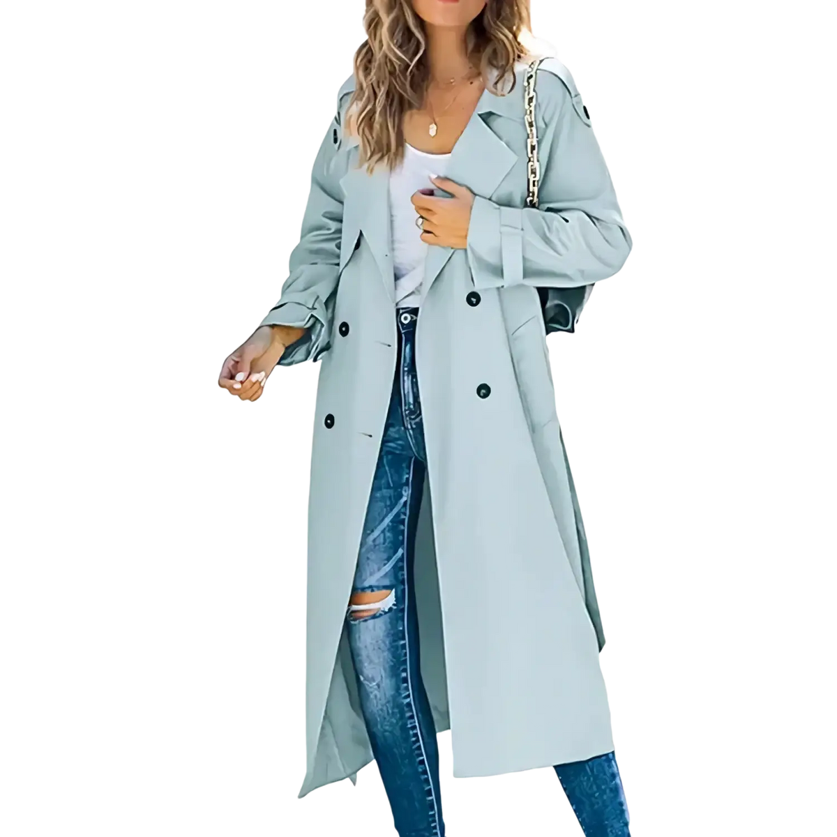 Women’s double breasted trench coat in light blue with black buttons and a chain strap shoulder bag accessory