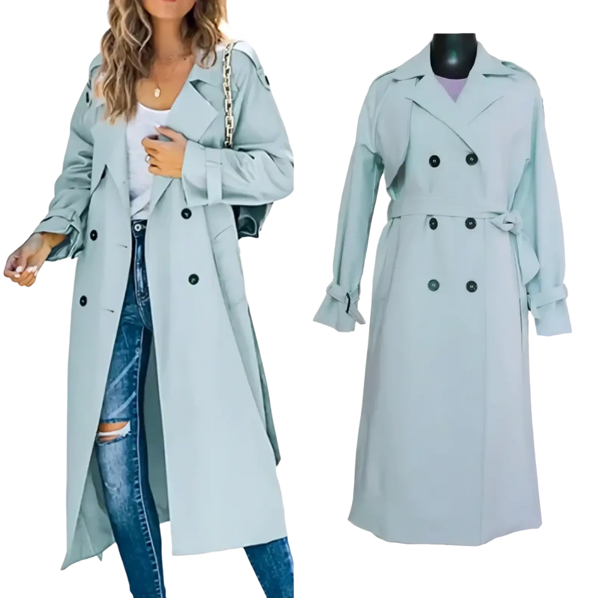Light blue women’s double breasted trench coat with black buttons and belted waist for stylish outerwear