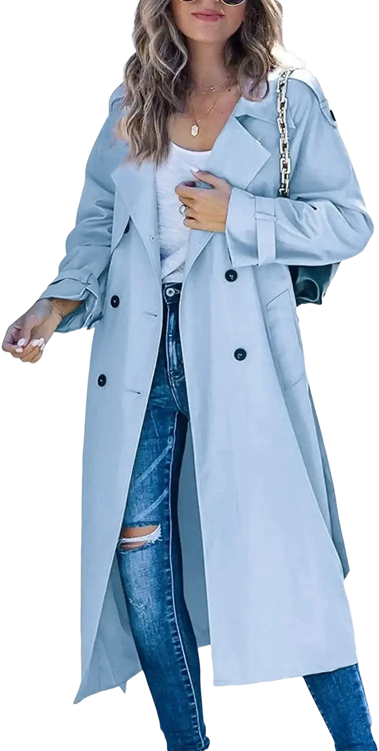 Light blue women’s double breasted trench coat with classic military style and button detailing