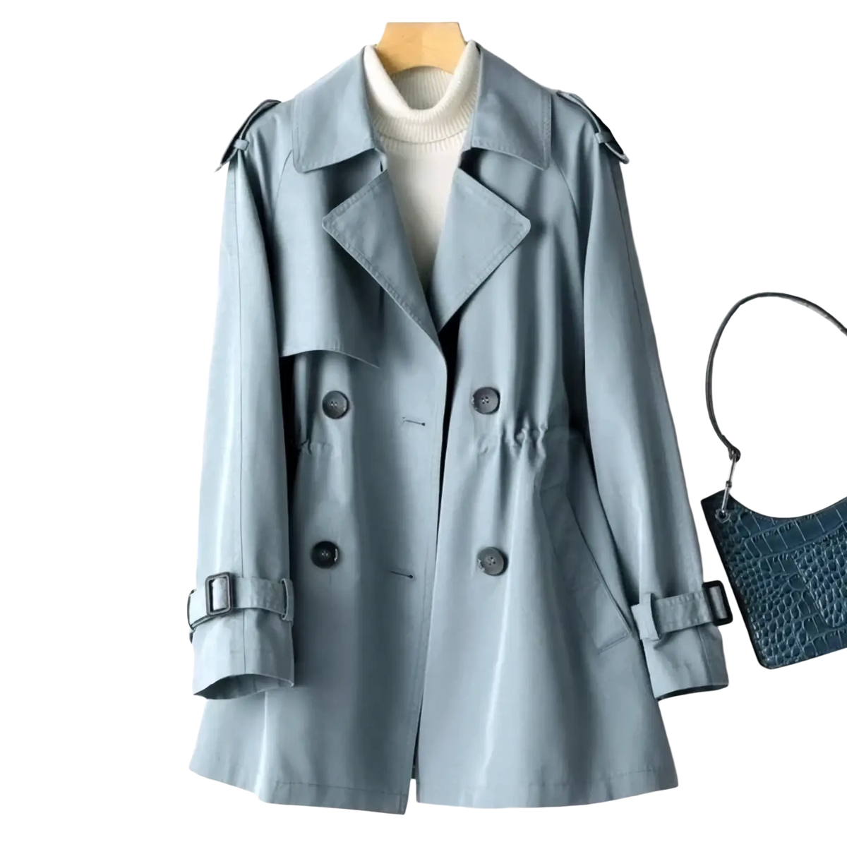 Women’s double breasted trench coat in light blue with black buttons and adjustable cuffs in classic design