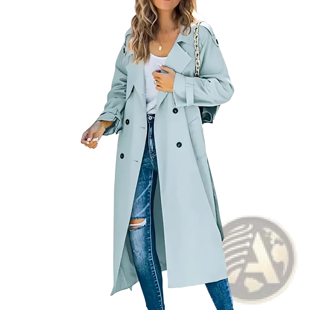 Women’s double breasted trench coat in light blue with black buttons and a chain strap shoulder bag accessory