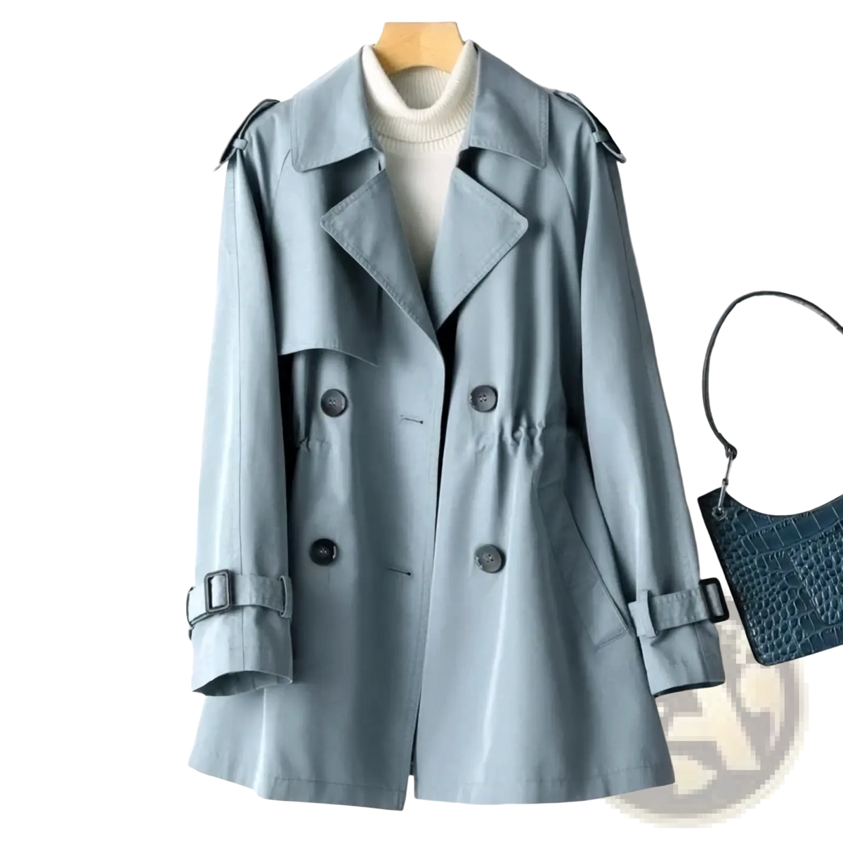 Women’s double breasted trench coat in light blue with black buttons and adjustable cuffs in classic design