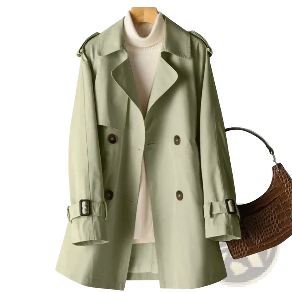 Women’s double breasted trench coat in light olive green with dark brown buttons and adjustable cuffs with black buckles