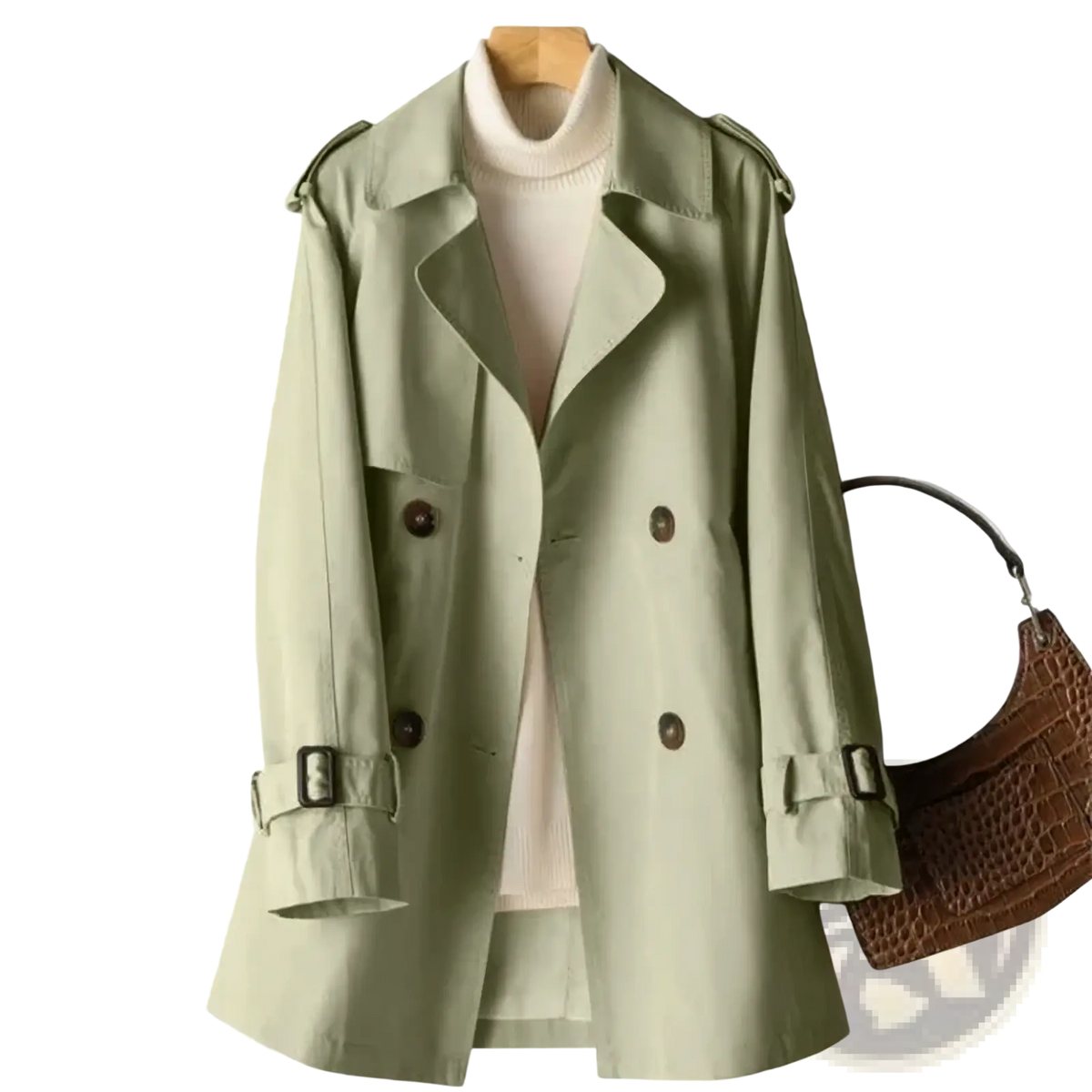 Women’s double breasted trench coat in light olive green with dark brown buttons and adjustable cuffs with black buckles