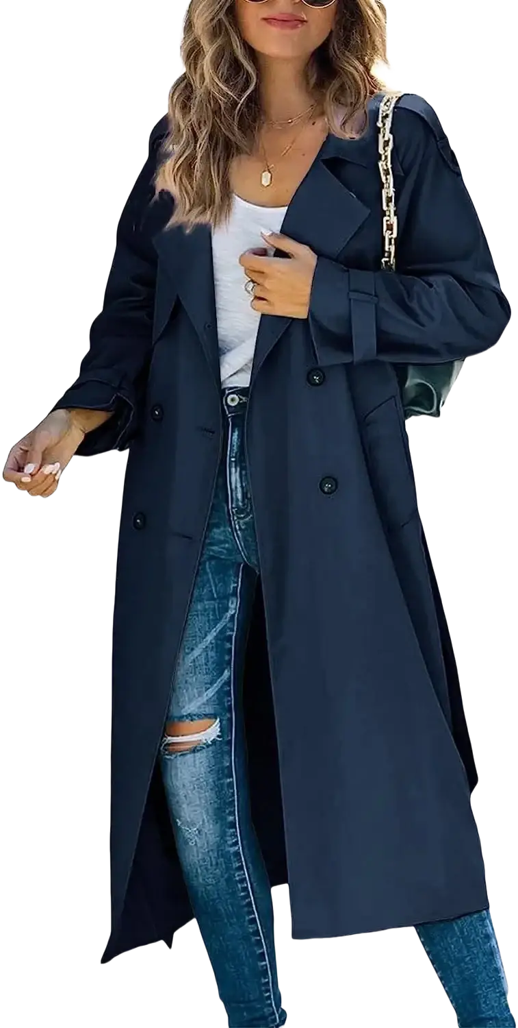 Navy blue women’s double breasted trench coat with belted waist and classic collar in lightweight fabric