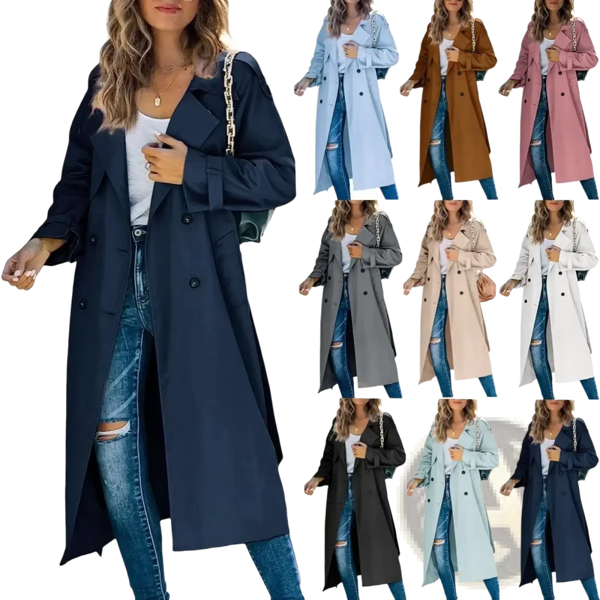 Navy blue women’s double breasted trench coat with classic collar and buttoned cuffs made from durable fabric