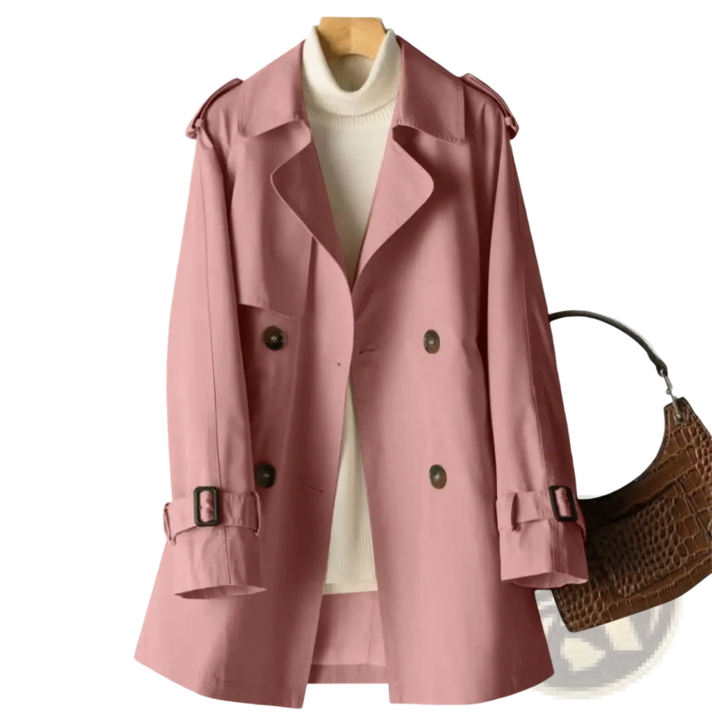 A soft pink women’s double breasted trench coat with black buttons and adjustable buckle cuffs