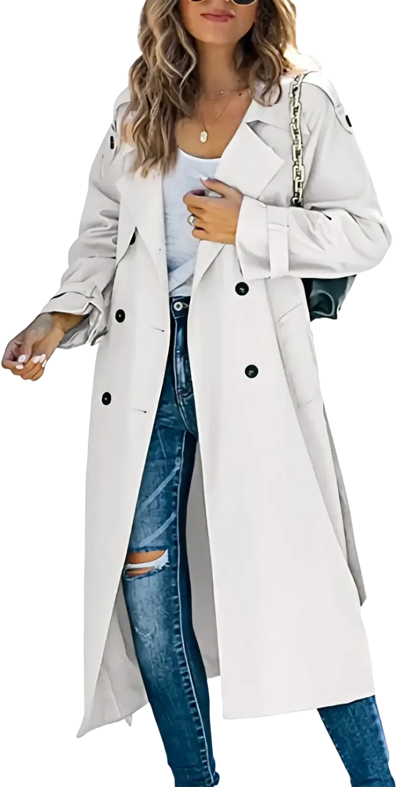 White women’s double breasted trench coat with black buttons and chain strap detail for stylish outerwear