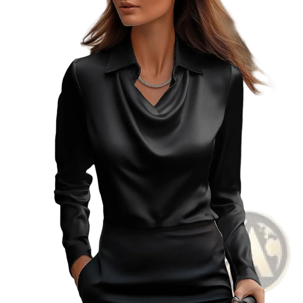 Black satin blouse with a sleek cowl neckline and long sleeves for elegant women’s formal wear