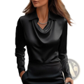 Black satin blouse with a sleek cowl neckline and long sleeves for elegant women’s formal wear