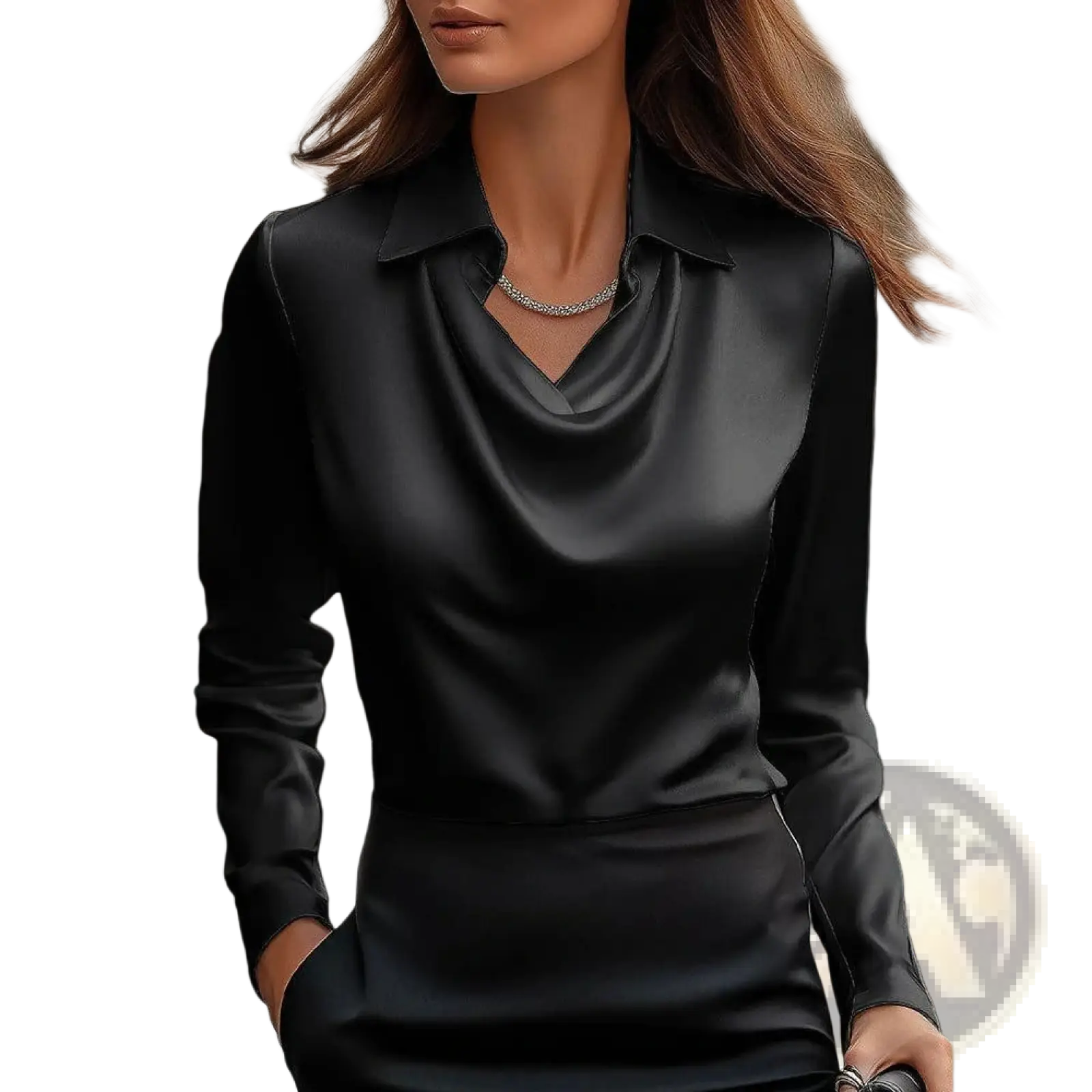 Black satin blouse with a sleek cowl neckline and long sleeves for elegant women’s formal wear