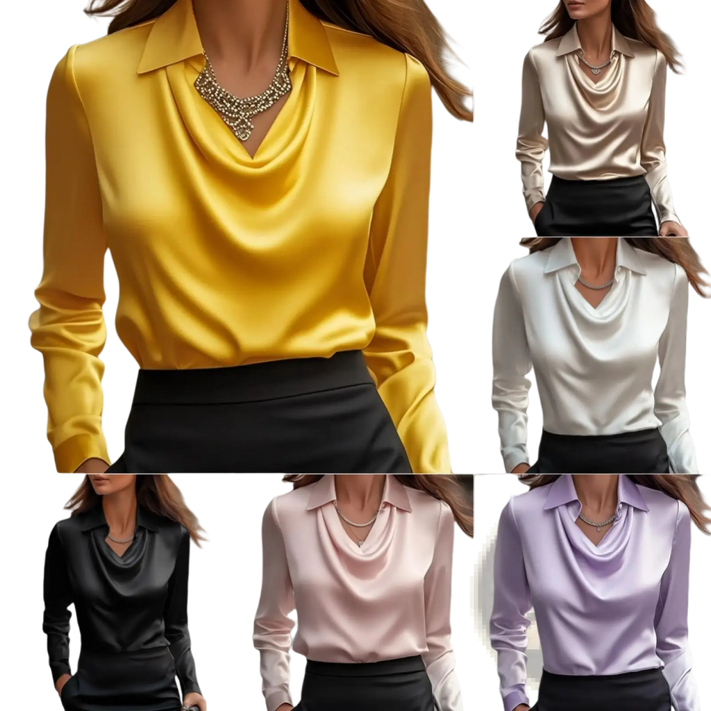 A women’s elegant cowl neck satin long sleeve blouse in vibrant yellow with a classic collar is displayed