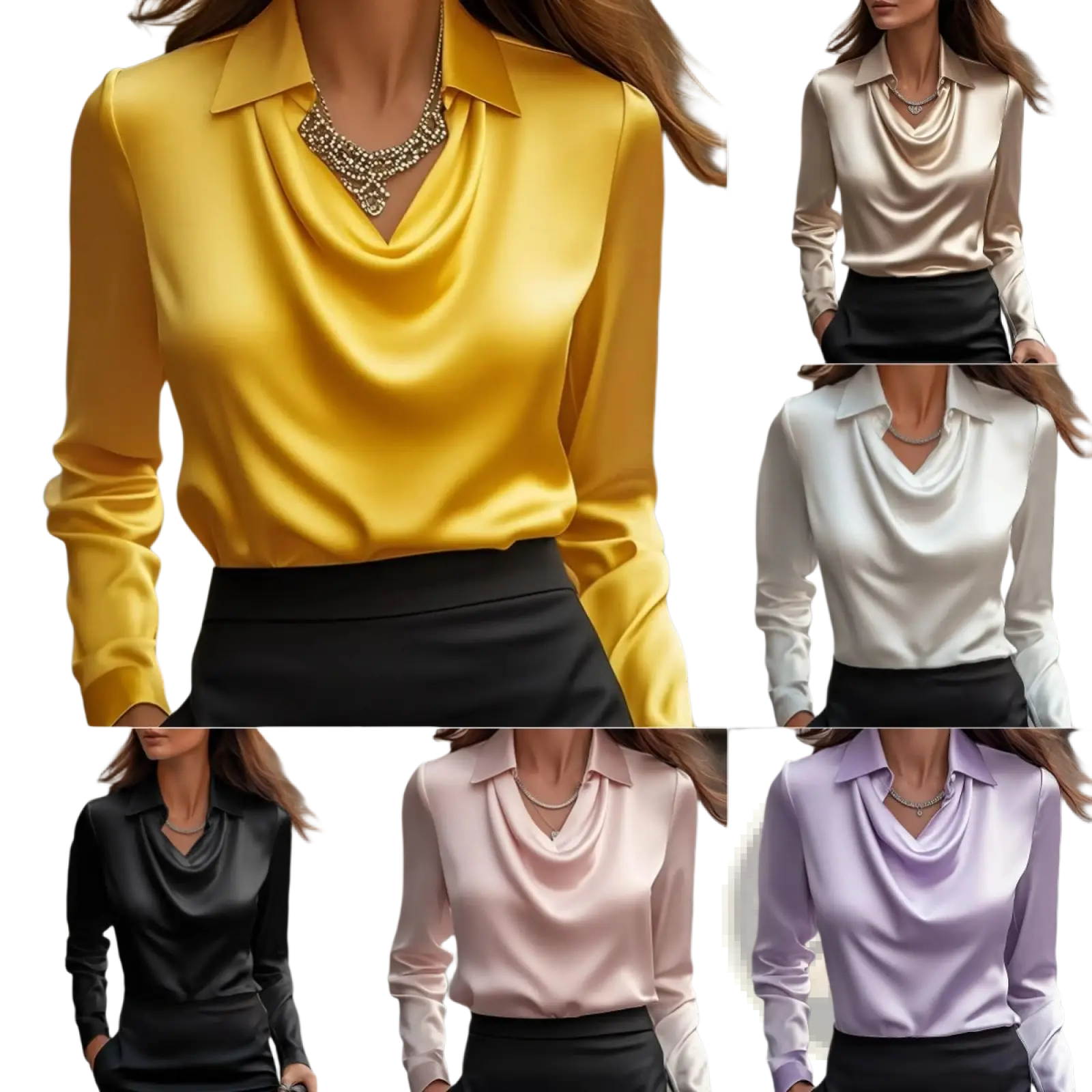 A women’s elegant cowl neck satin long sleeve blouse in vibrant yellow with a classic collar is displayed