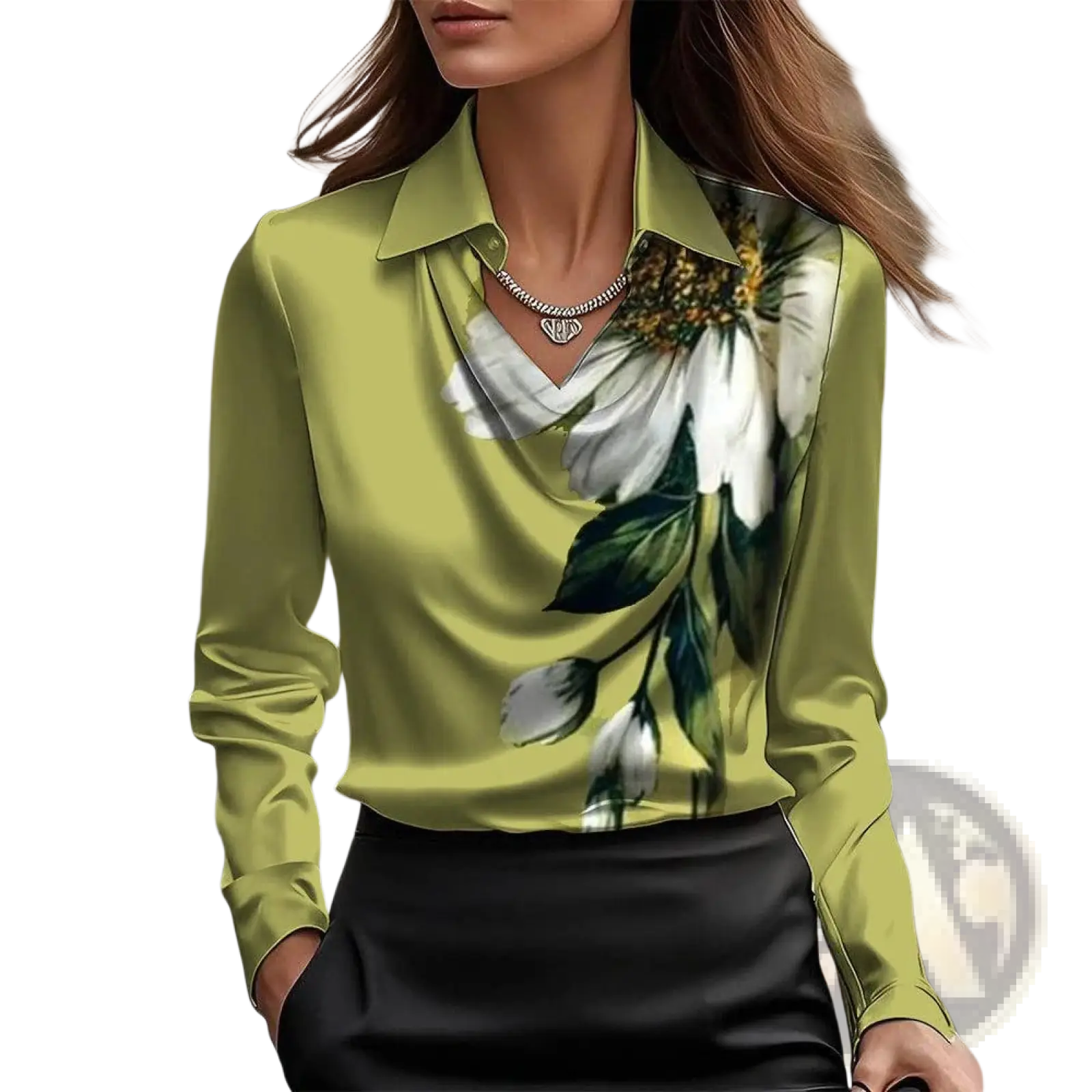 Women’s elegant olive-green satin cowl neck blouse with bold white floral print green leaves and gold accents