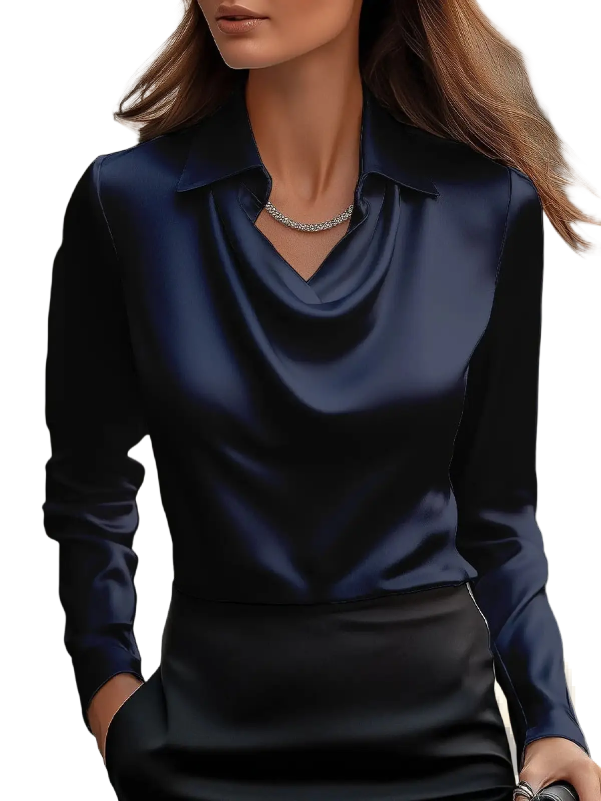 A sleek navy blue satin blouse with a cowl neckline and long sleeves for women’s elegant wear