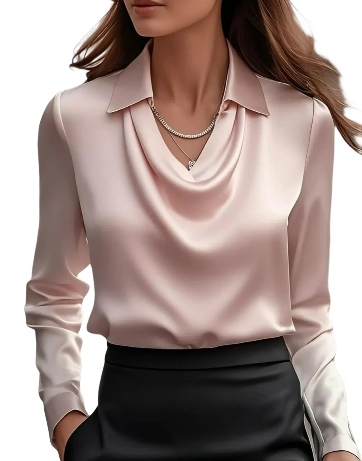 Women’s elegant blush pink satin blouse with draped cowl neckline and long sleeves for formal wear