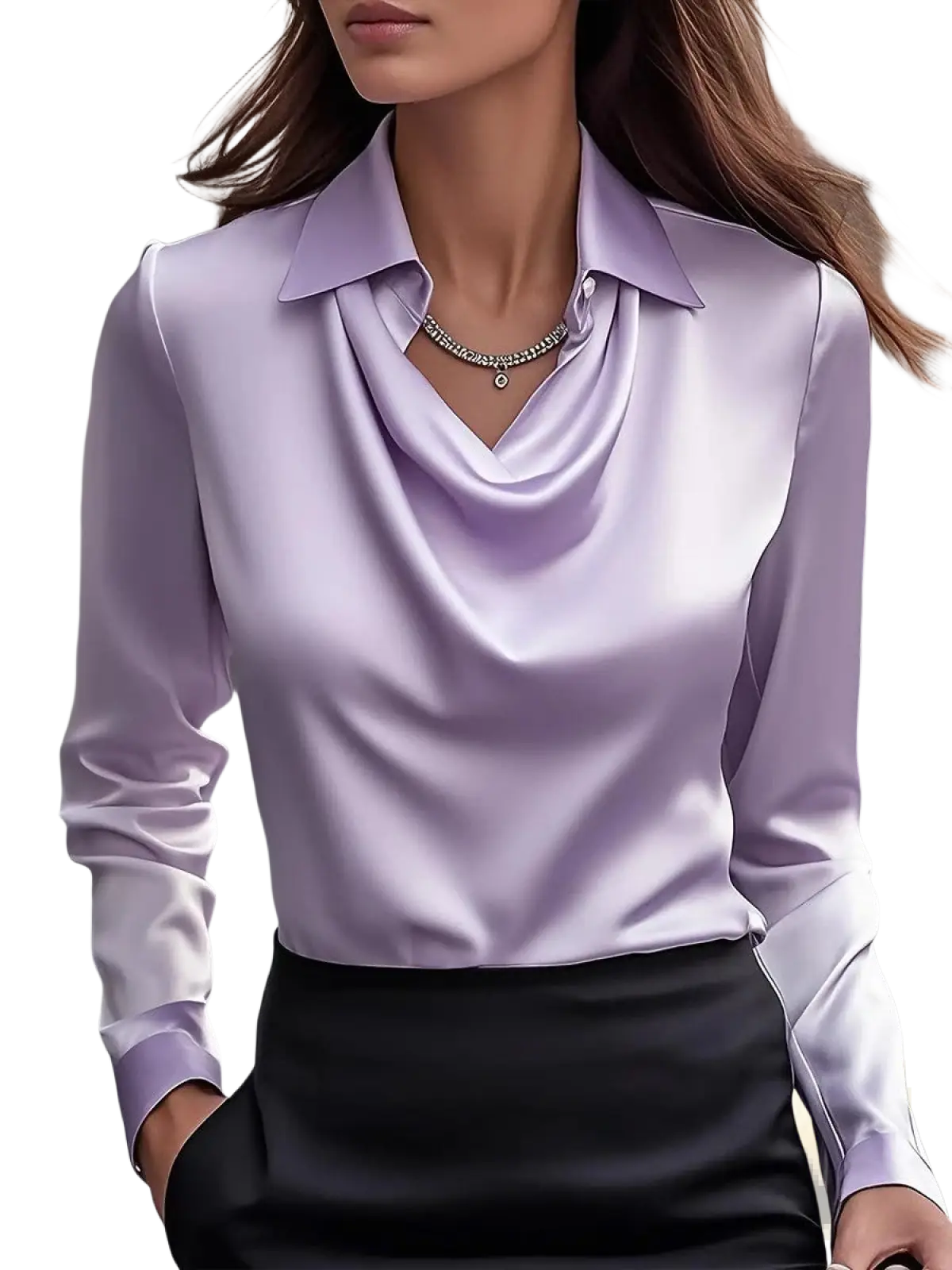 A sleek lavender satin blouse for women featuring an elegant cowl neckline and long sleeves
