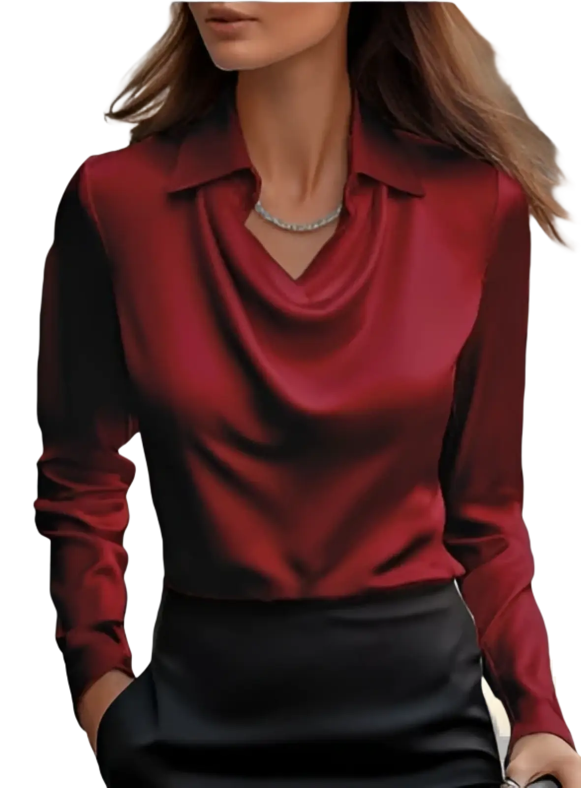 Women’s elegant red satin blouse with cowl neck long sleeves and black contrast shoulder panels