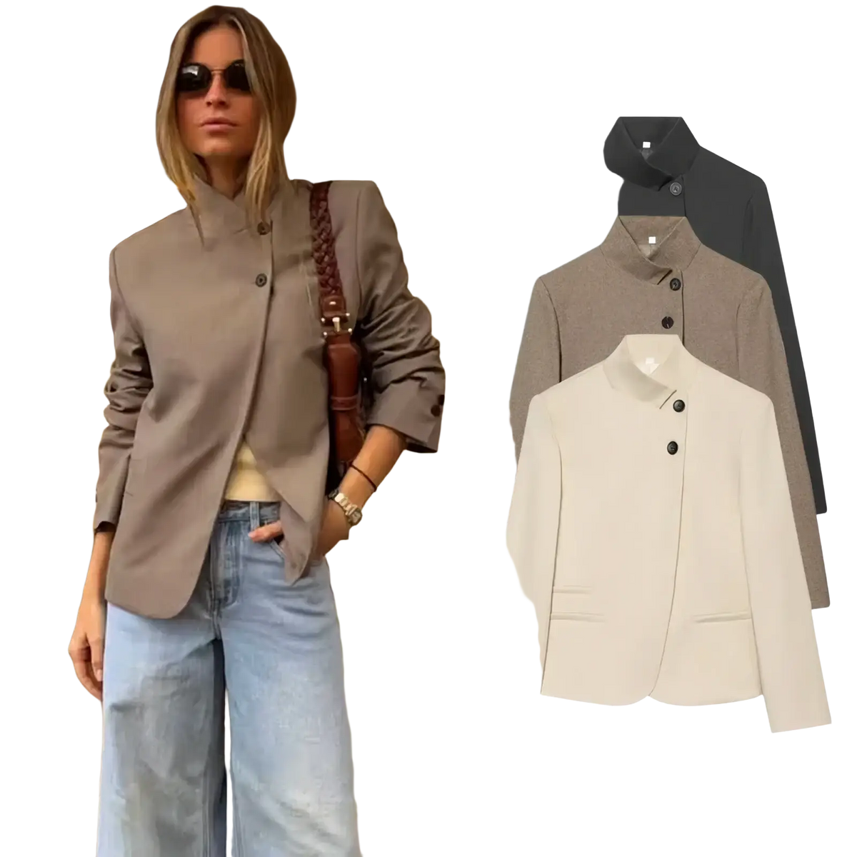 Beige women’s elegant stand collar casual blazer jacket with black buttons and a sleek tailored fit