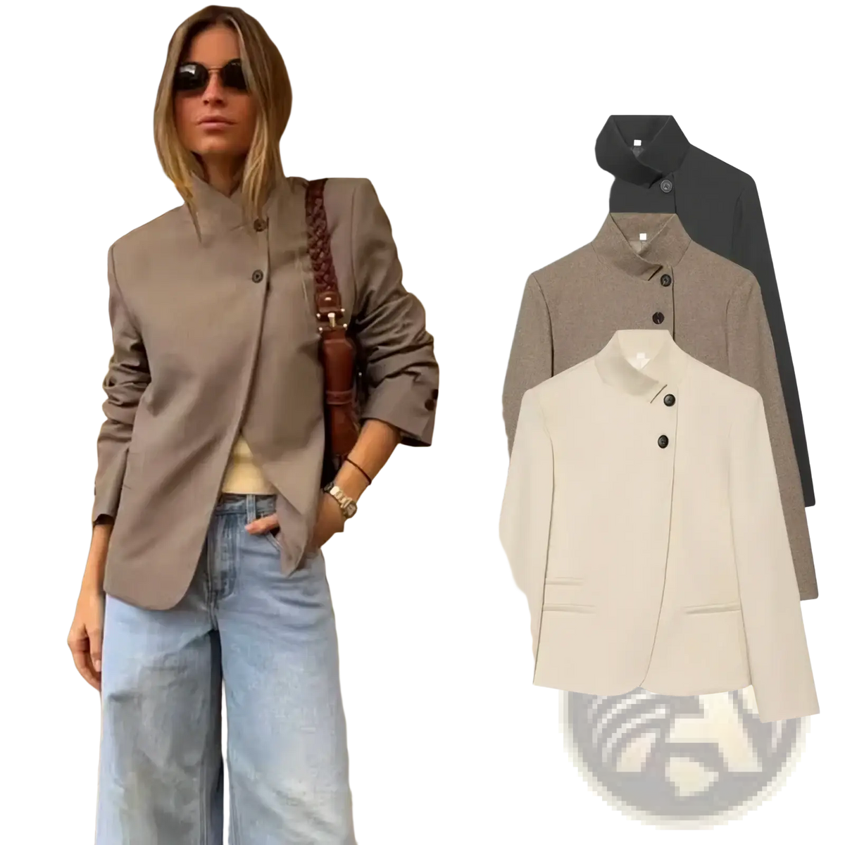 Beige women’s elegant stand collar casual blazer jacket with black buttons and a sleek tailored fit