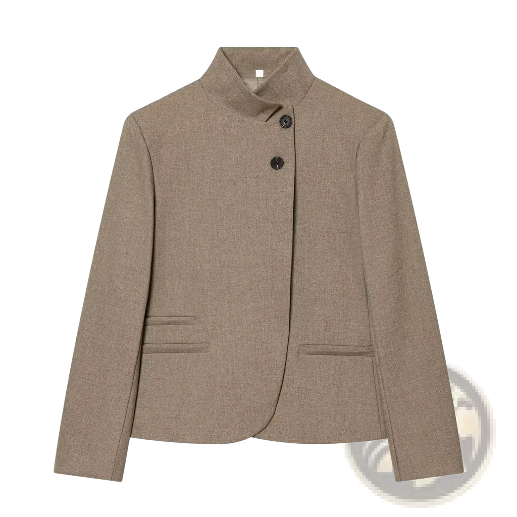 Beige textured wool women’s elegant stand collar casual blazer jacket with two dark buttons