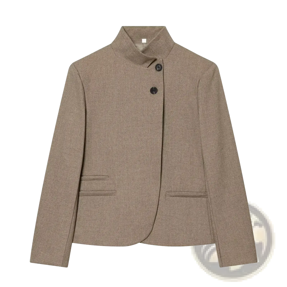 Beige textured wool women’s elegant stand collar casual blazer jacket with two dark buttons