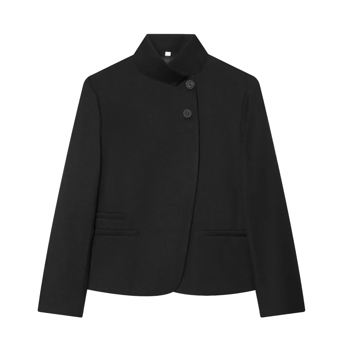 Black sleek women’s elegant stand collar casual blazer jacket with two front buttons for a polished look