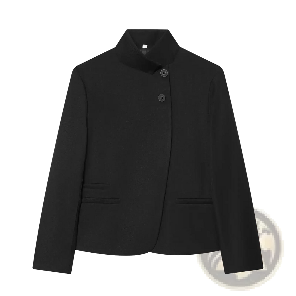 Black sleek women’s elegant stand collar casual blazer jacket with two front buttons for a polished look
